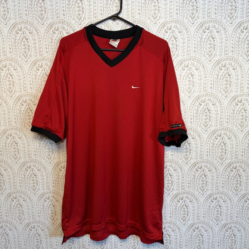 Vintage‎ Nike Fit Mesh Jersey Shirt Mens Large Red Black V-Neck Swoosh F8 EVR